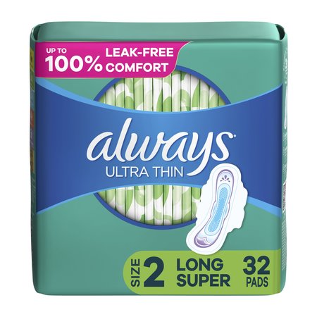 ALWAYS Ultra Thin Pads with Wings, Size 2, Long, Super Absorbent, PK32 97020PK